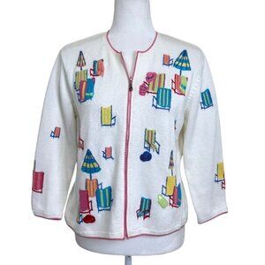 Talbots Embroidered Knit Cardigan Zip-Up Beach Theme Colorful Vintage Petite M
